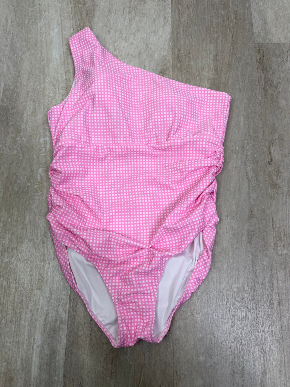 Love & Grow Pink Gingham Plaid One Shoulder One Piece Swimsuit Size Medium - Picture 1 of 5